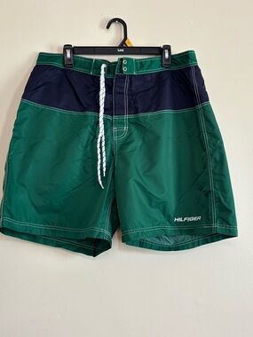 Vintage Tommy Hilfiger Board Shorts Men’s XL Green Navy Colorblock Swim Trunks